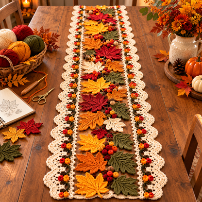 Autumn Maple Leaf Table Runner Crochet Pattern PDF | Fall & Thanksgiving Table Decor | 3D Leaf Motif Centerpiece | Digital Download