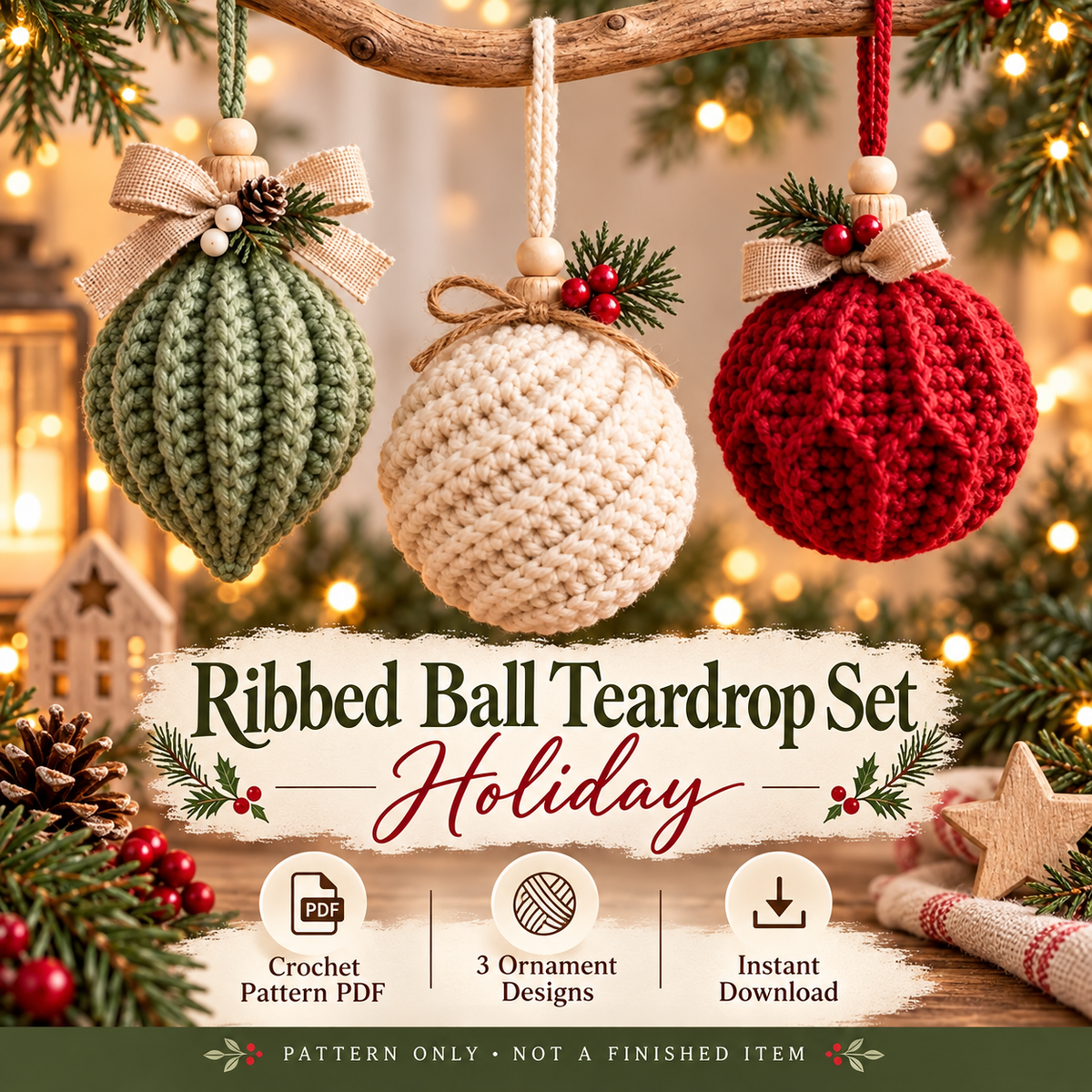 3-in-1 Christmas Crochet Ornament Pattern PDF | Ribbed Ball & Teardrop Baubles | Farmhouse Holiday Decor | Beginner Digital Download
