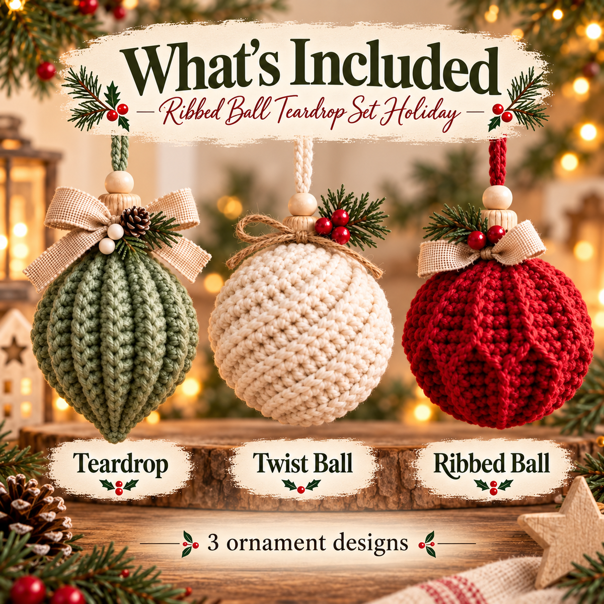 3-in-1 Christmas Crochet Ornament Pattern PDF | Ribbed Ball & Teardrop Baubles | Farmhouse Holiday Decor | Beginner Digital Download