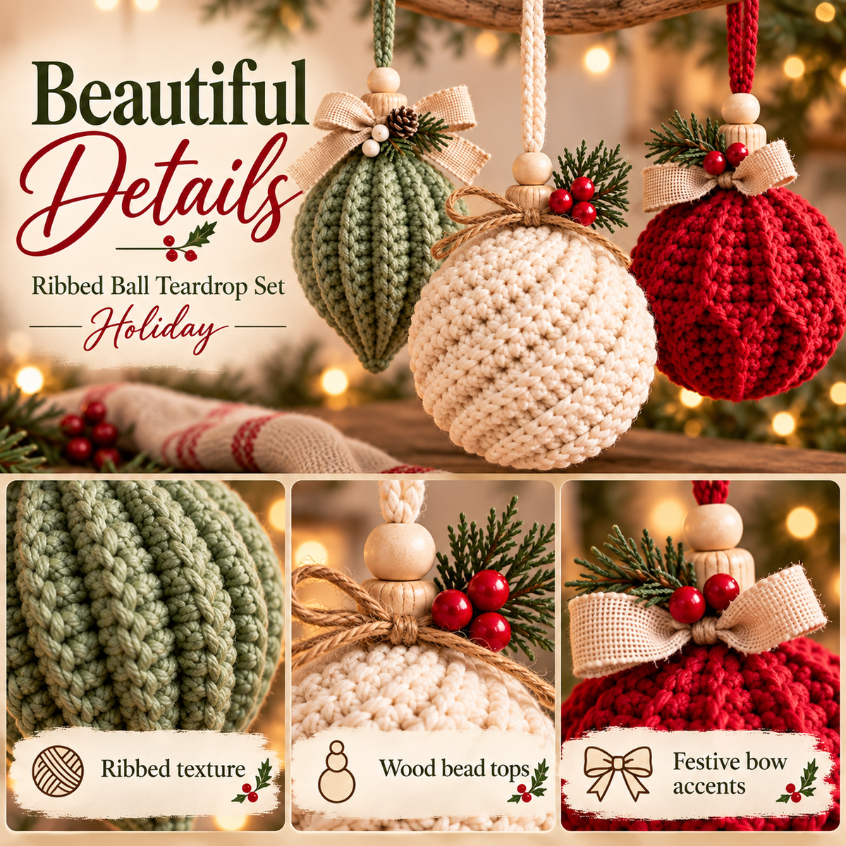 3-in-1 Christmas Crochet Ornament Pattern PDF | Ribbed Ball & Teardrop Baubles | Farmhouse Holiday Decor | Beginner Digital Download