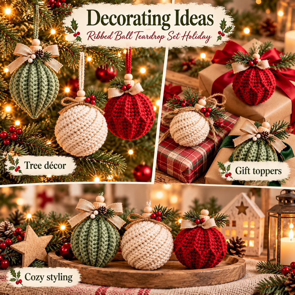 3-in-1 Christmas Crochet Ornament Pattern PDF | Ribbed Ball & Teardrop Baubles | Farmhouse Holiday Decor | Beginner Digital Download