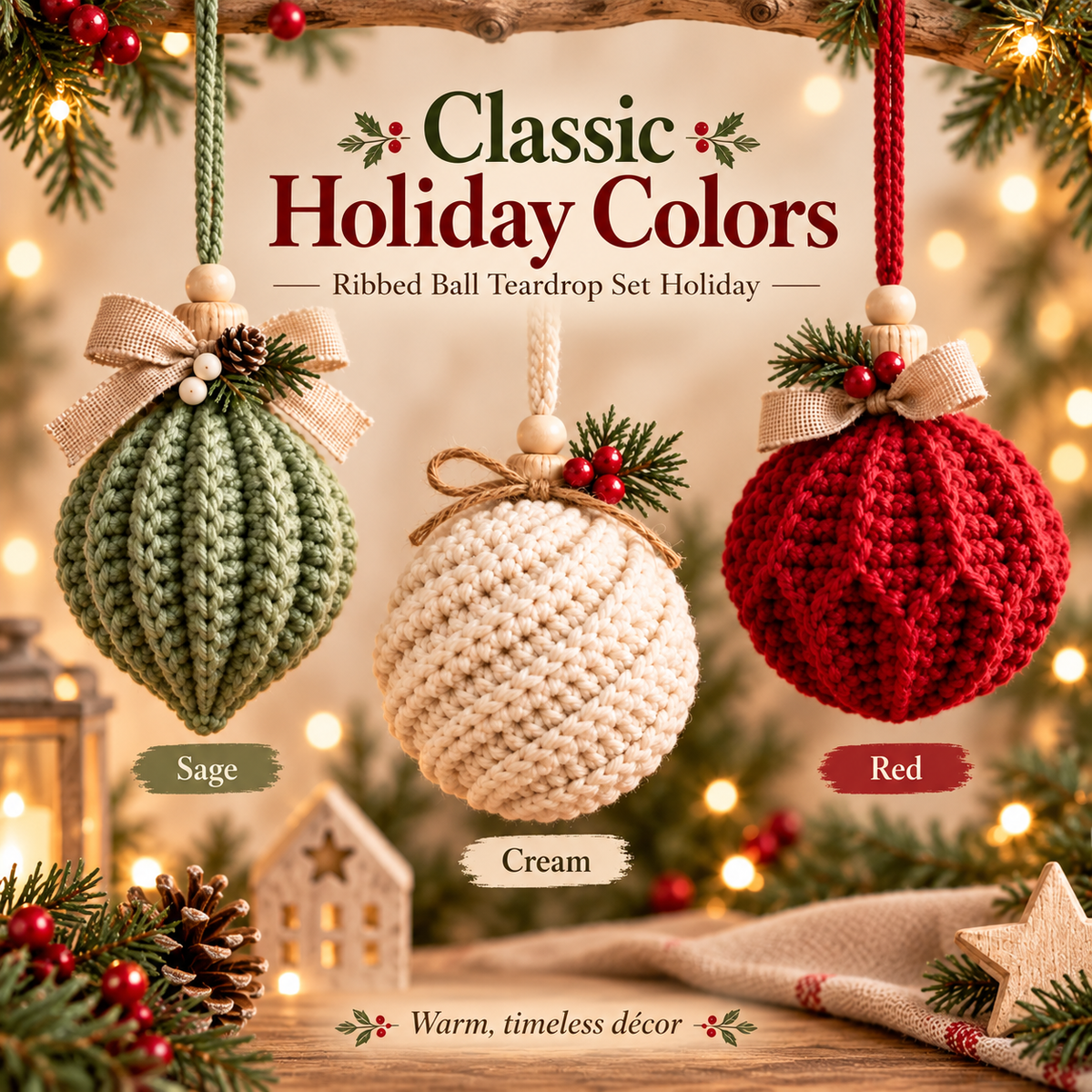 3-in-1 Christmas Crochet Ornament Pattern PDF | Ribbed Ball & Teardrop Baubles | Farmhouse Holiday Decor | Beginner Digital Download