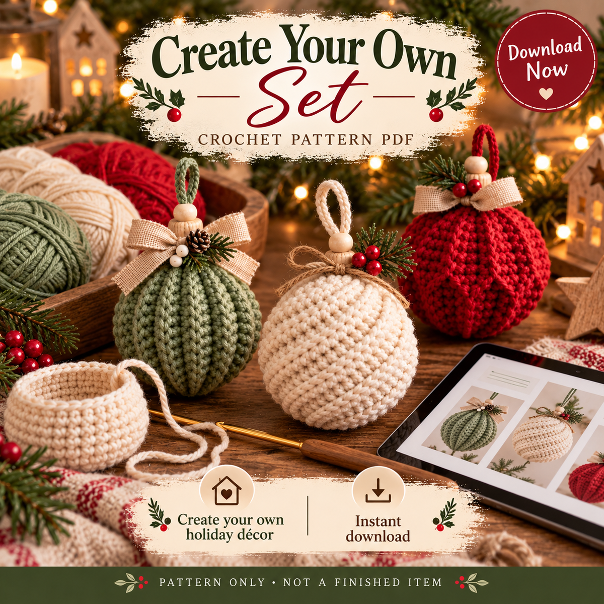 3-in-1 Christmas Crochet Ornament Pattern PDF | Ribbed Ball & Teardrop Baubles | Farmhouse Holiday Decor | Beginner Digital Download