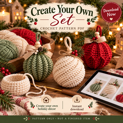 3-in-1 Christmas Crochet Ornament Pattern PDF | Ribbed Ball & Teardrop Baubles | Farmhouse Holiday Decor | Beginner Digital Download