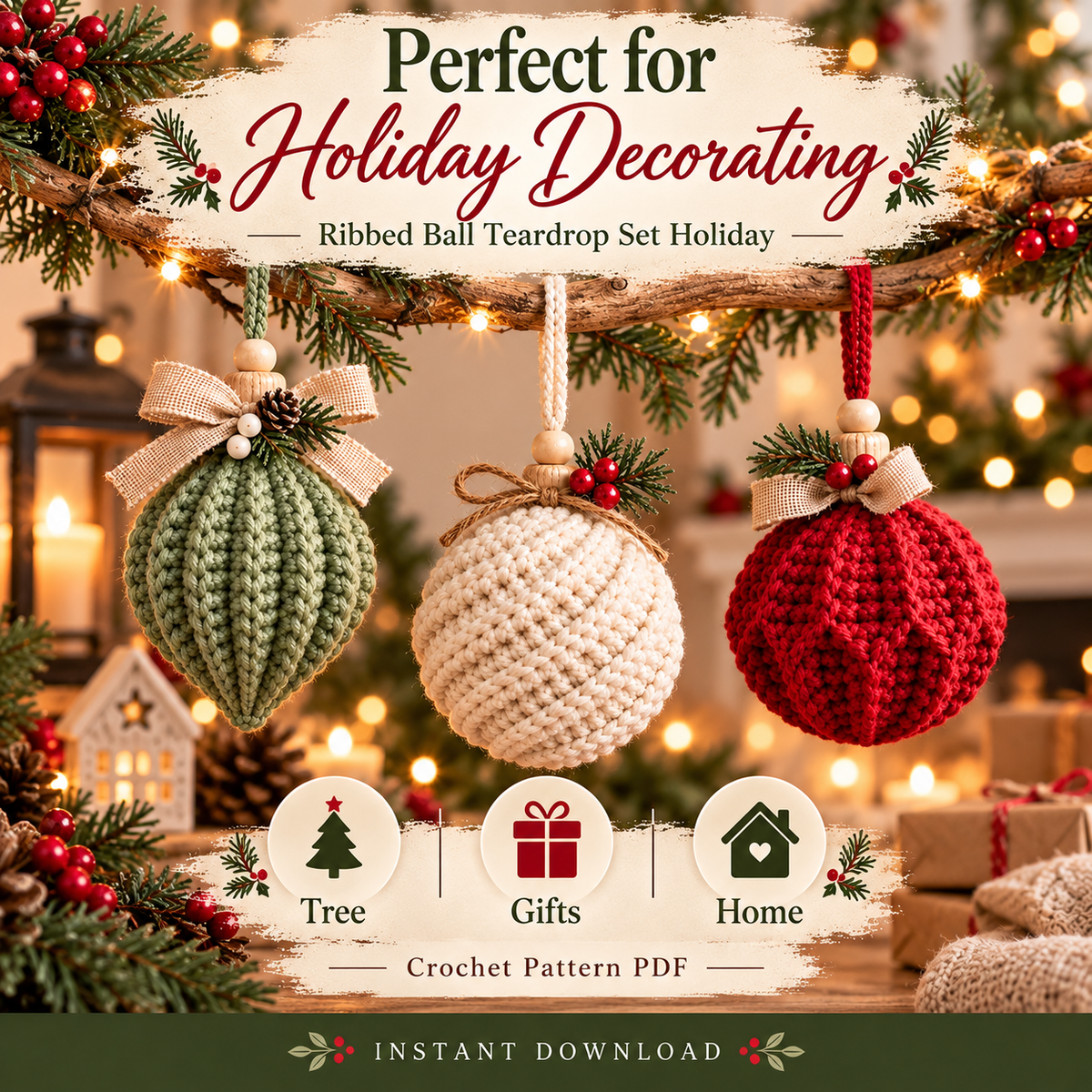 3-in-1 Christmas Crochet Ornament Pattern PDF | Ribbed Ball & Teardrop Baubles | Farmhouse Holiday Decor | Beginner Digital Download