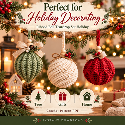 3-in-1 Christmas Crochet Ornament Pattern PDF | Ribbed Ball & Teardrop Baubles | Farmhouse Holiday Decor | Beginner Digital Download