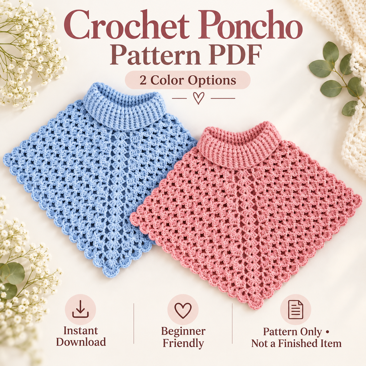 Crochet Poncho Pattern PDF | Women’s Turtleneck Lace Poncho | Beginner Friendly Capelet | 2 Color Options | Digital Download
