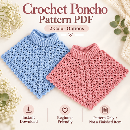 Crochet Poncho Pattern PDF | Women’s Turtleneck Lace Poncho | Beginner Friendly Capelet | 2 Color Options | Digital Download
