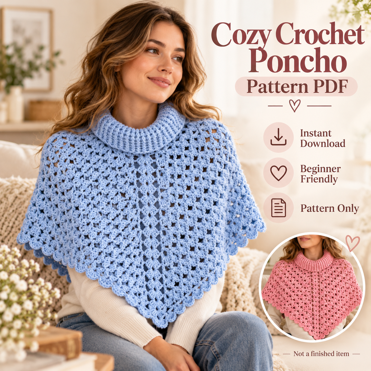 Crochet Poncho Pattern PDF | Women’s Turtleneck Lace Poncho | Beginner Friendly Capelet | 2 Color Options | Digital Download