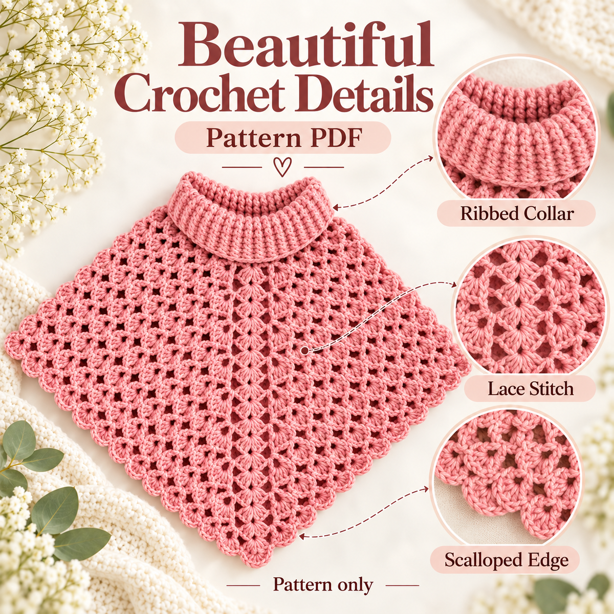 Crochet Poncho Pattern PDF | Women’s Turtleneck Lace Poncho | Beginner Friendly Capelet | 2 Color Options | Digital Download