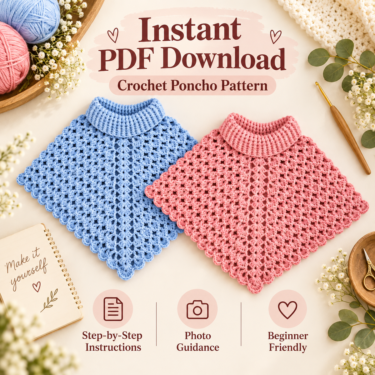 Crochet Poncho Pattern PDF | Women’s Turtleneck Lace Poncho | Beginner Friendly Capelet | 2 Color Options | Digital Download