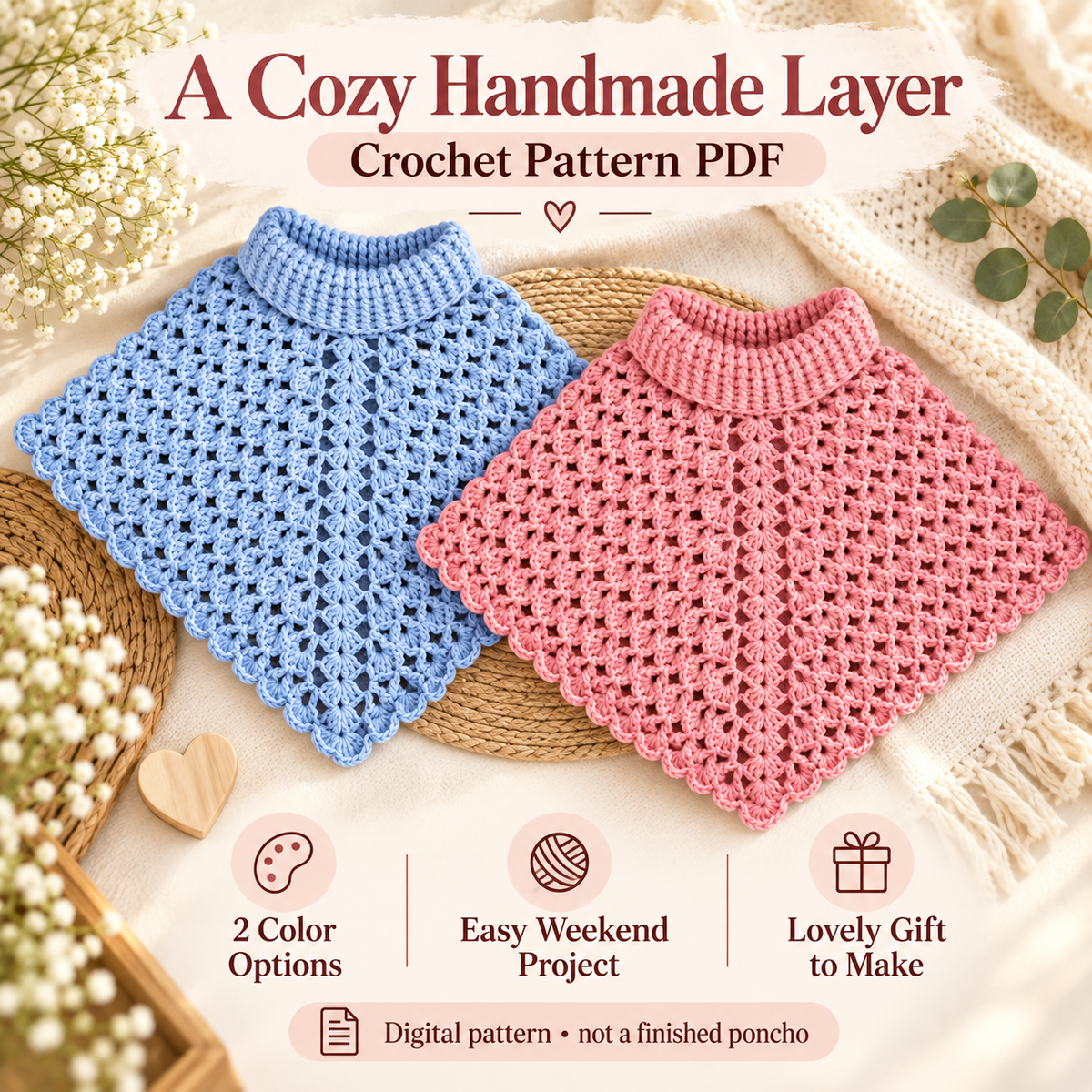 Crochet Poncho Pattern PDF | Women’s Turtleneck Lace Poncho | Beginner Friendly Capelet | 2 Color Options | Digital Download