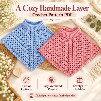 Crochet Poncho Pattern PDF | Women’s Turtleneck Lace Poncho | Beginner Friendly Capelet | 2 Color Options | Digital Download