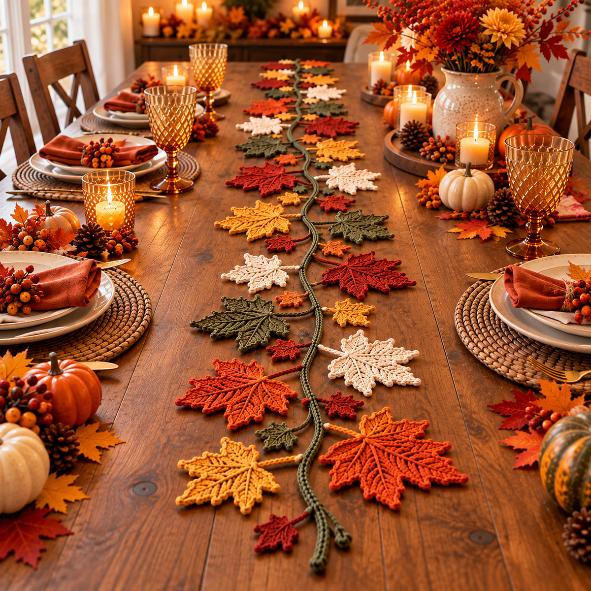 Autumn Maple Leaf Table Runner Crochet Pattern PDF | Fall Thanksgiving Table Decor | Crochet Leaf Garland | Digital Download