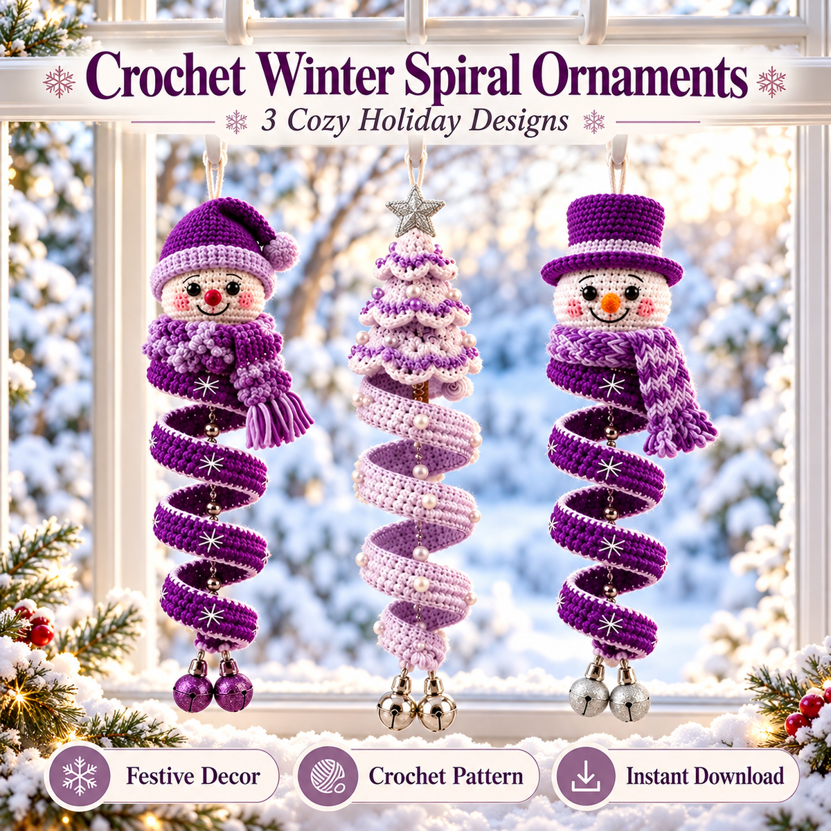 3-in-1 Winter Spiral Ornament Crochet Pattern PDF | Snowman & Christmas Tree Hanging Decor | Holiday Window Ornament Digital Download