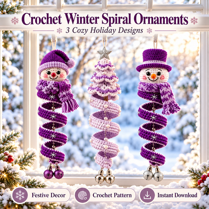 3-in-1 Winter Spiral Ornament Crochet Pattern PDF | Snowman & Christmas Tree Hanging Decor | Holiday Window Ornament Digital Download