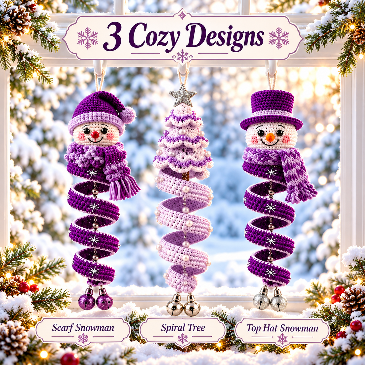 3-in-1 Winter Spiral Ornament Crochet Pattern PDF | Snowman & Christmas Tree Hanging Decor | Holiday Window Ornament Digital Download