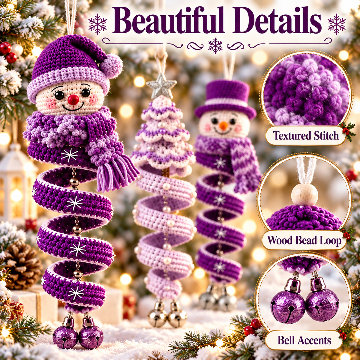 3-in-1 Winter Spiral Ornament Crochet Pattern PDF | Snowman & Christmas Tree Hanging Decor | Holiday Window Ornament Digital Download