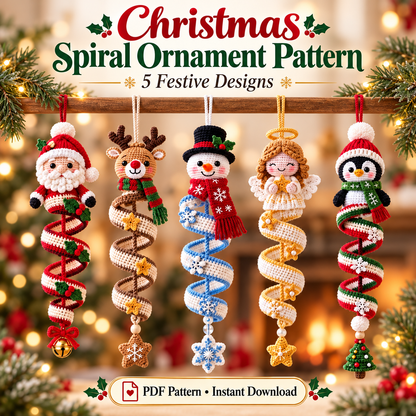 Christmas Character Spiral Ornament Crochet Pattern PDF | 5-in-1 Santa Reindeer Snowman Angel Penguin Ornaments Instant Download