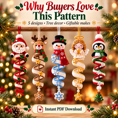 Christmas Character Spiral Ornament Crochet Pattern PDF | 5-in-1 Santa Reindeer Snowman Angel Penguin Ornaments Instant Download