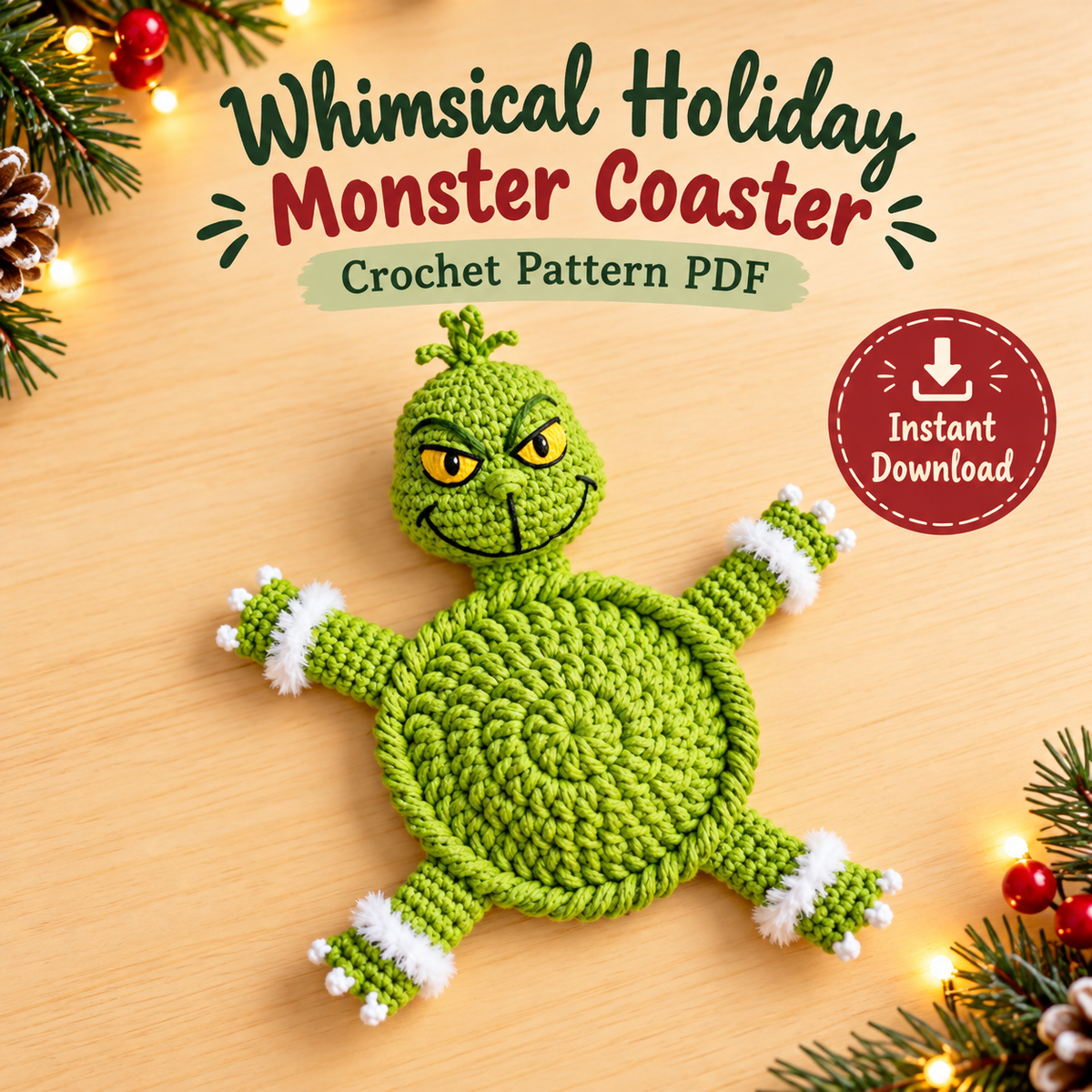 Holiday Monster Coaster Crochet Pattern PDF | Green Christmas Character Mug Rug | Whimsical Winter Decor | Instant Digital Download