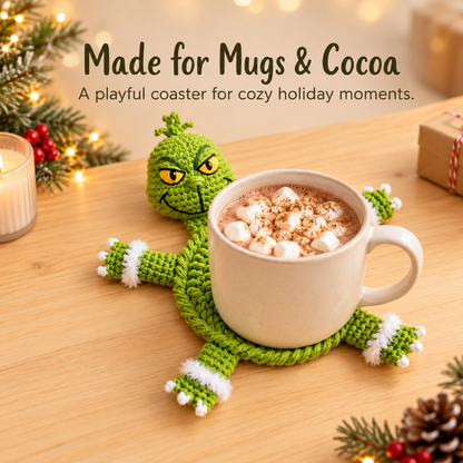 Holiday Monster Coaster Crochet Pattern PDF | Green Christmas Character Mug Rug | Whimsical Winter Decor | Instant Digital Download