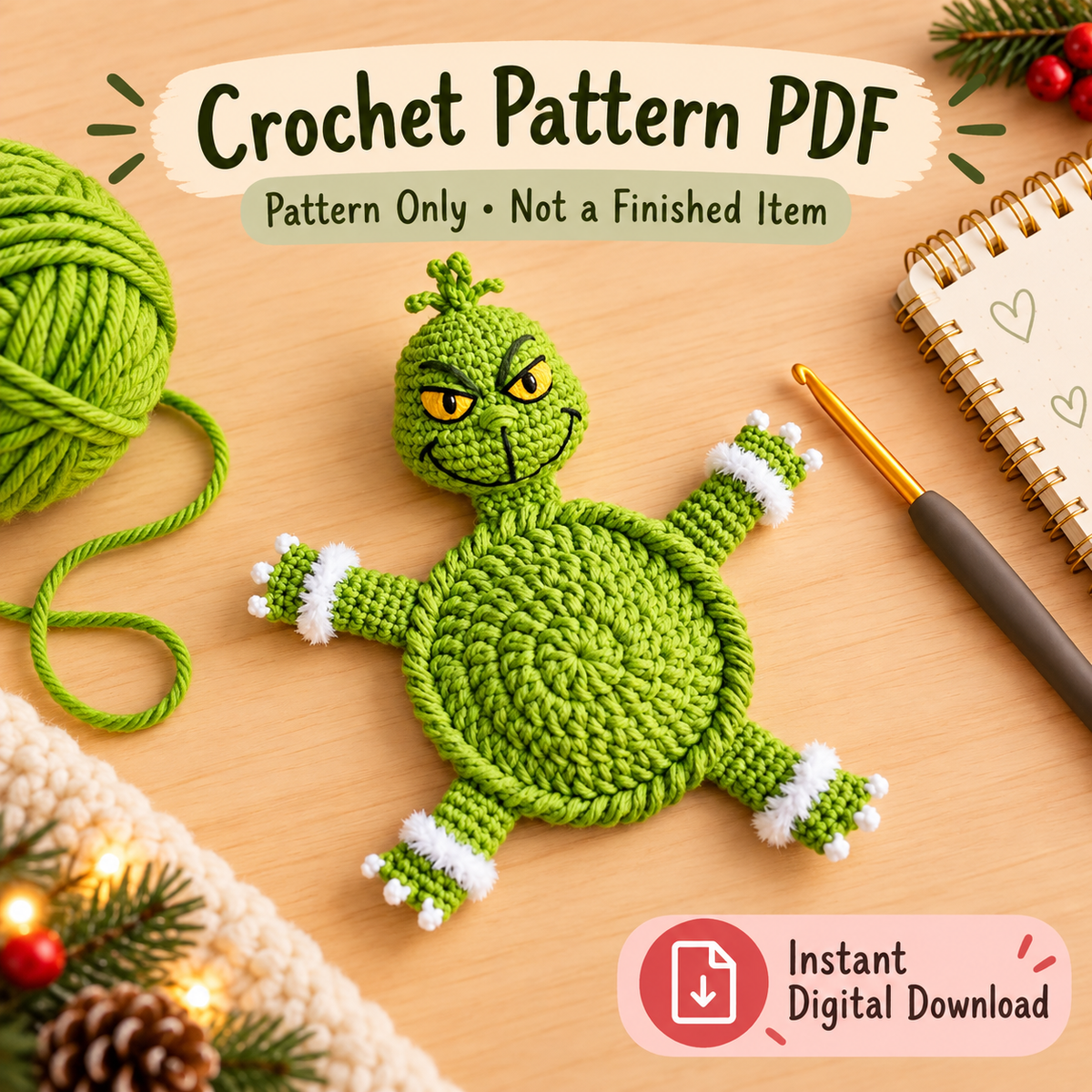 Holiday Monster Coaster Crochet Pattern PDF | Green Christmas Character Mug Rug | Whimsical Winter Decor | Instant Digital Download