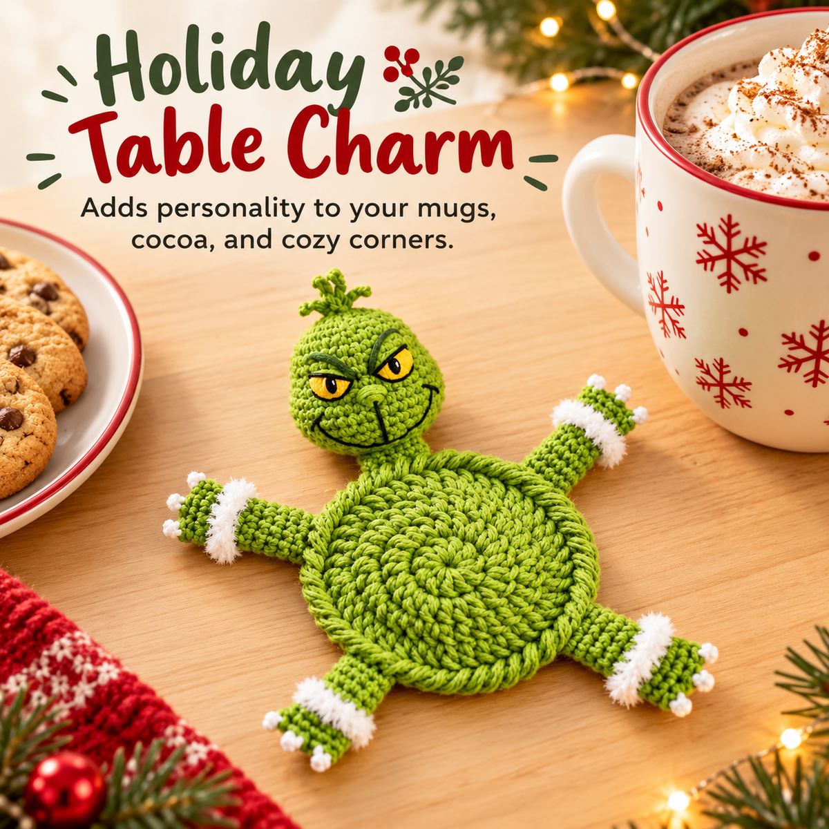 Holiday Monster Coaster Crochet Pattern PDF | Green Christmas Character Mug Rug | Whimsical Winter Decor | Instant Digital Download