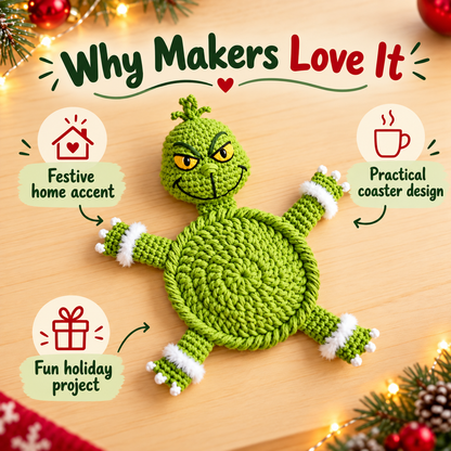 Holiday Monster Coaster Crochet Pattern PDF | Green Christmas Character Mug Rug | Whimsical Winter Decor | Instant Digital Download