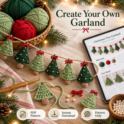 Christmas Tree Garland Crochet Pattern PDF | Mini Crochet Trees | Holiday Mantel Decor | Xmas Ornament Garland Digital Download