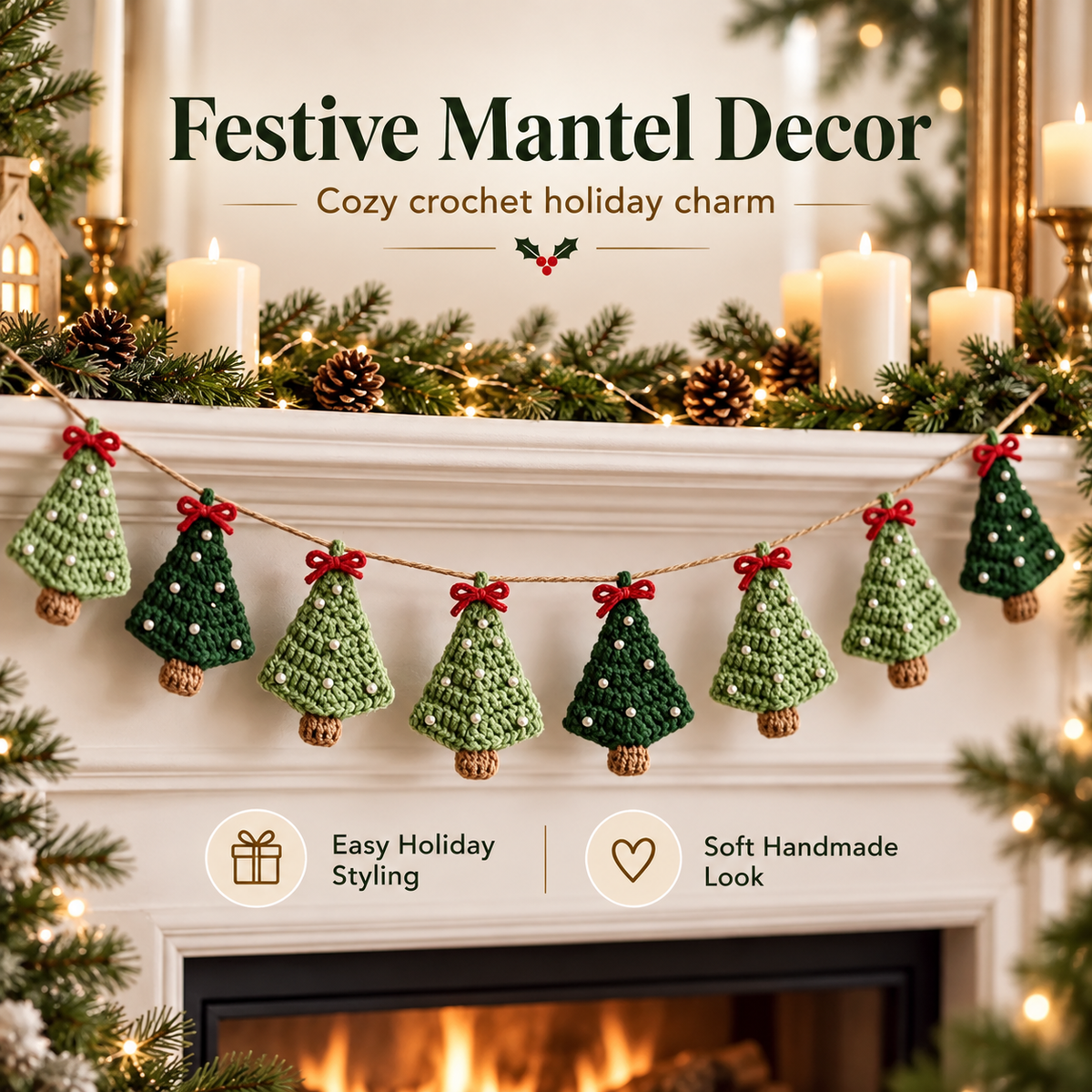 Christmas Tree Garland Crochet Pattern PDF | Mini Crochet Trees | Holiday Mantel Decor | Xmas Ornament Garland Digital Download