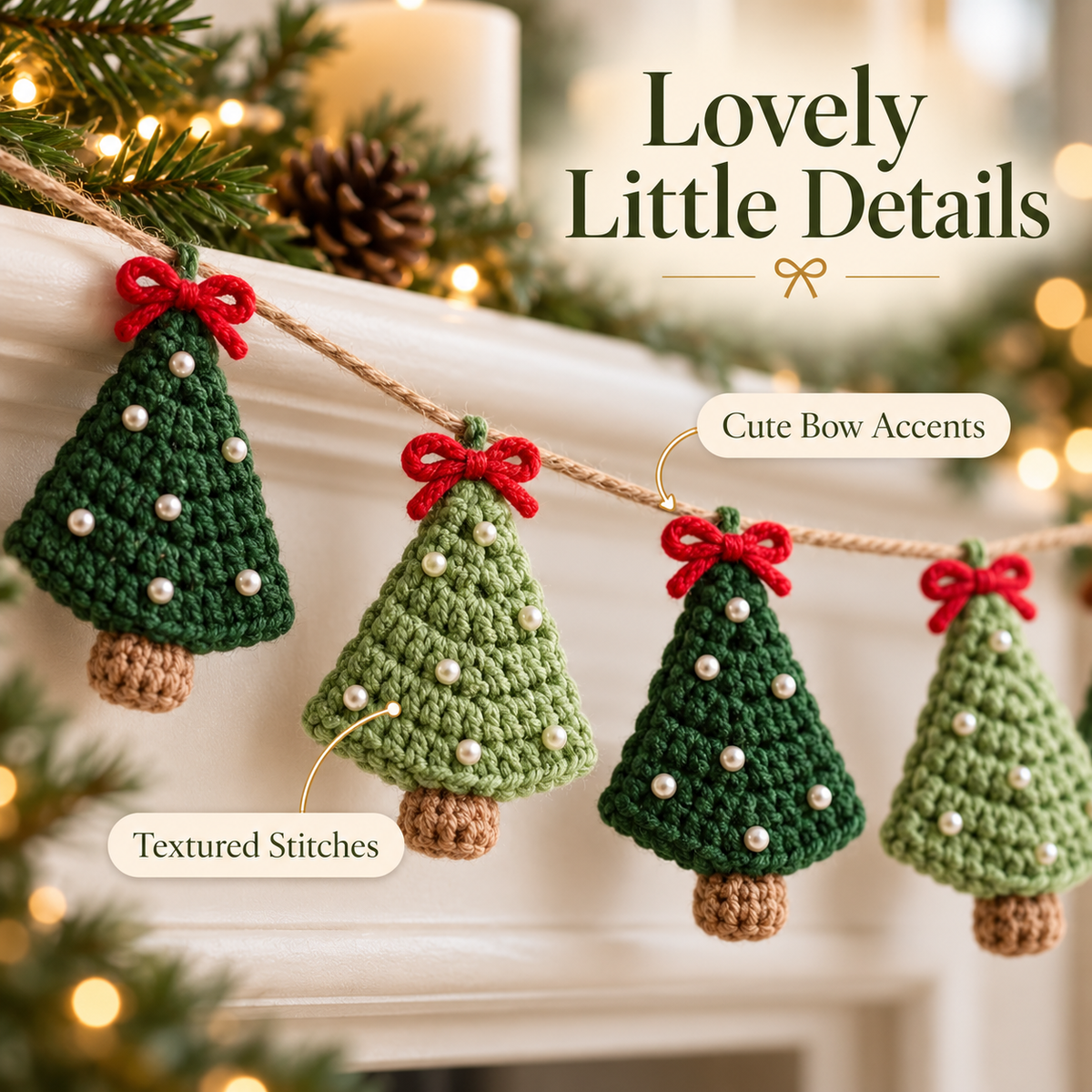 Christmas Tree Garland Crochet Pattern PDF | Mini Crochet Trees | Holiday Mantel Decor | Xmas Ornament Garland Digital Download