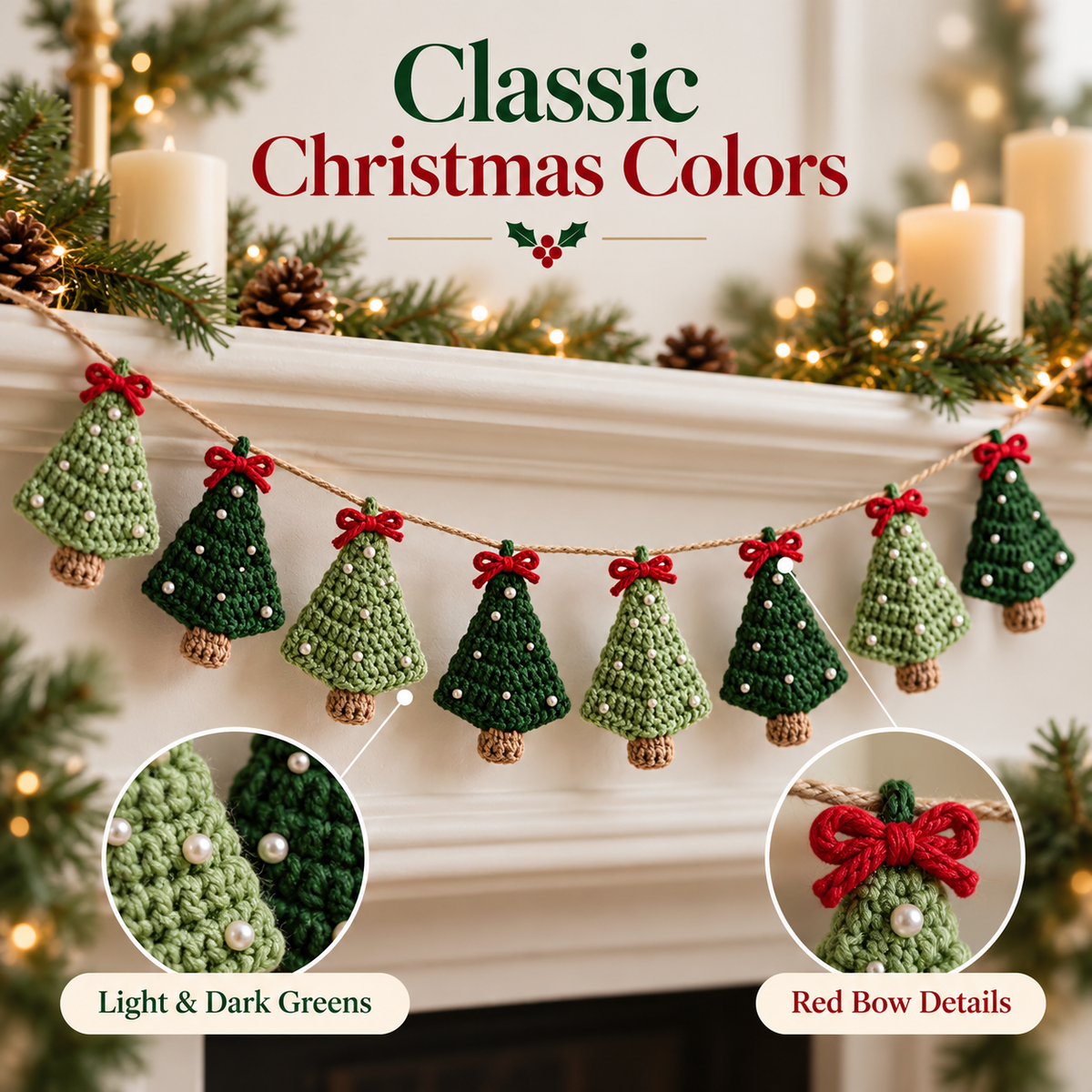Christmas Tree Garland Crochet Pattern PDF | Mini Crochet Trees | Holiday Mantel Decor | Xmas Ornament Garland Digital Download
