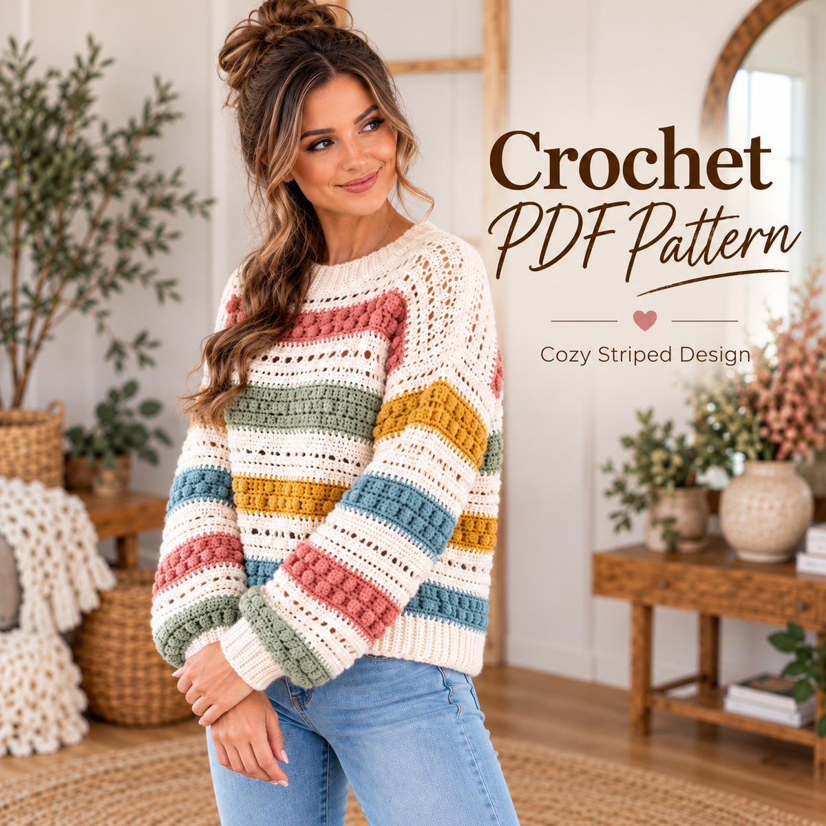 Boho Striped Crochet Sweater Pattern PDF | Textured Openwork Pullover for Women | Digital Download