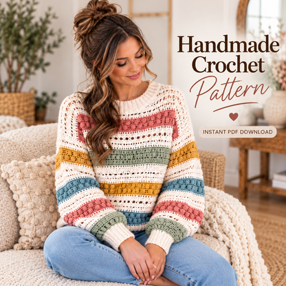 Boho Striped Crochet Sweater Pattern PDF | Textured Openwork Pullover for Women | Digital Download