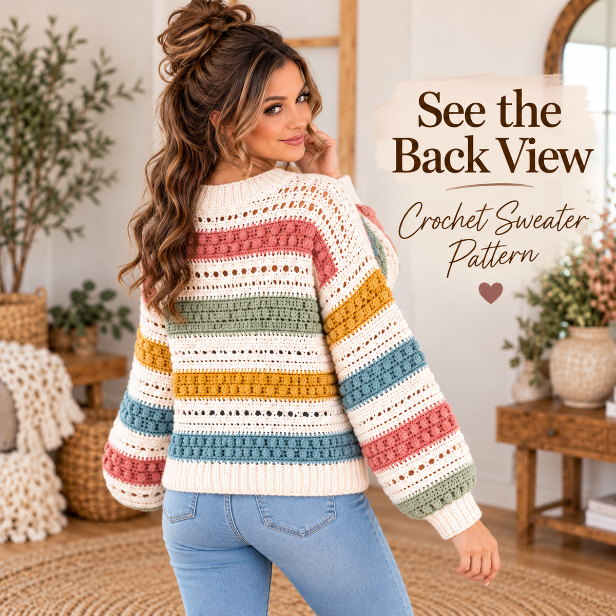 Boho Striped Crochet Sweater Pattern PDF | Textured Openwork Pullover for Women | Digital Download