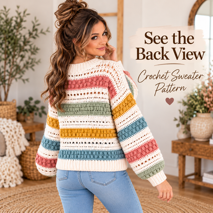 Boho Striped Crochet Sweater Pattern PDF | Textured Openwork Pullover for Women | Digital Download
