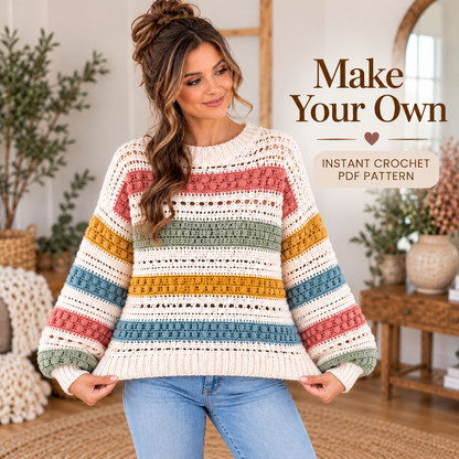 Boho Striped Crochet Sweater Pattern PDF | Textured Openwork Pullover for Women | Digital Download