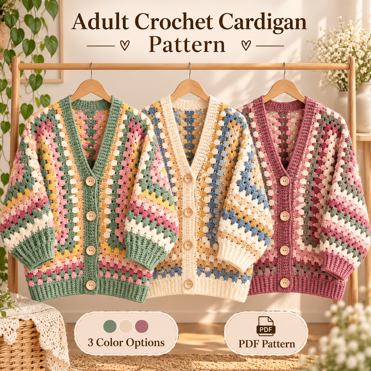 Granny Hexagon Cardigan Crochet Pattern PDF | Women’s Granny Square Cardigan | 3 Colorways Digital Download