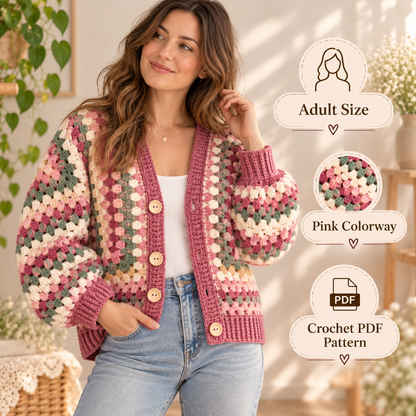 Granny Hexagon Cardigan Crochet Pattern PDF | Women’s Granny Square Cardigan | 3 Colorways Digital Download