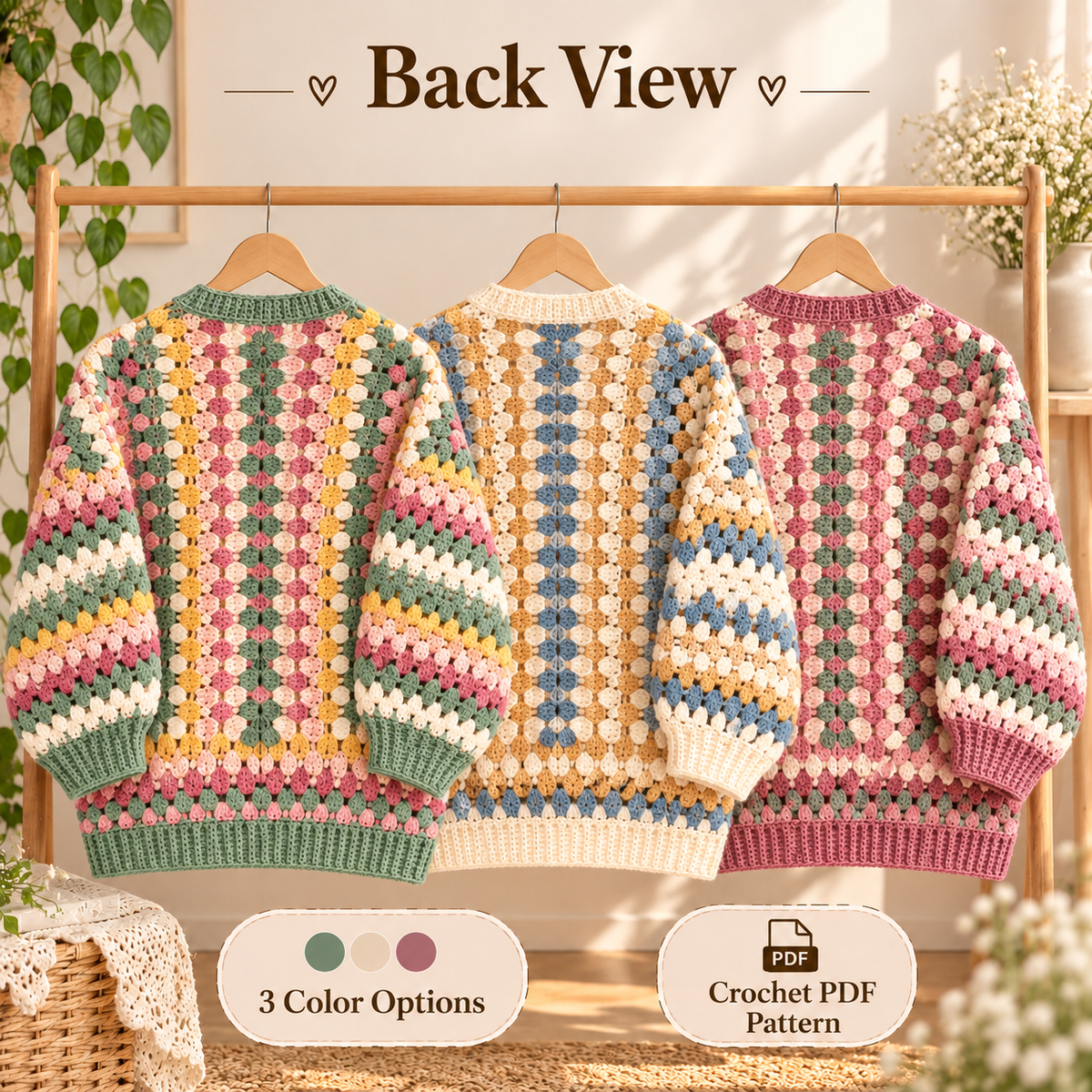 Granny Hexagon Cardigan Crochet Pattern PDF | Women’s Granny Square Cardigan | 3 Colorways Digital Download